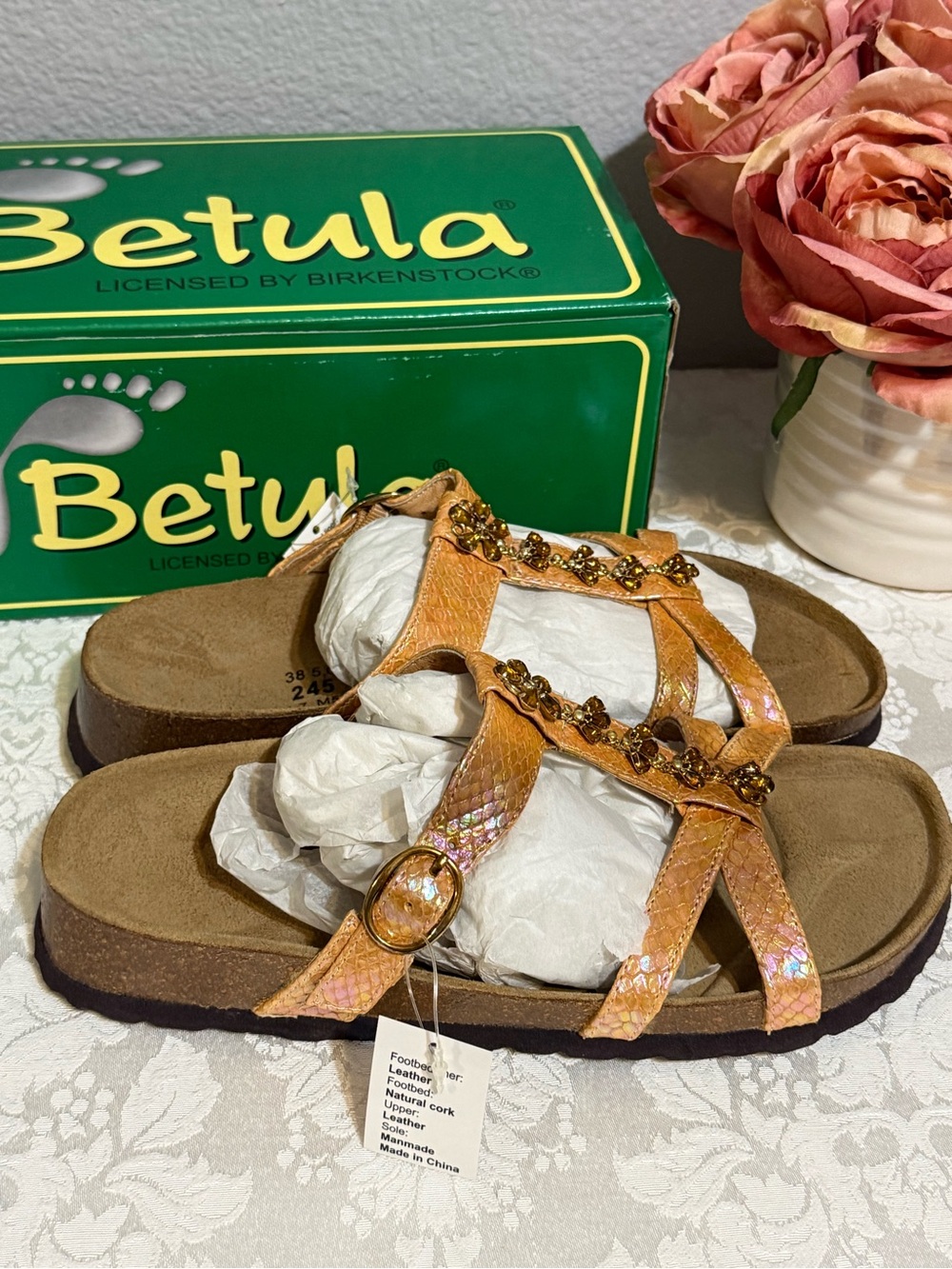 Birkenstock Betula Tango Leather Sand Orange Rhinestone Sandals sz 7 NEW